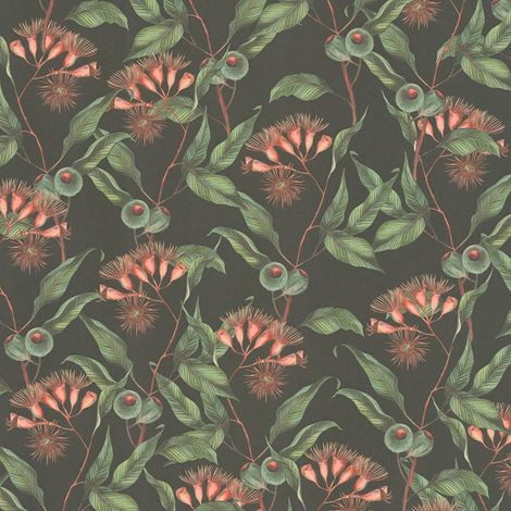 Papier peint floral Profhome 394301 papier peint intissé gaufré à chaud légèrement texturé avec des ornements floraux mat noir vert rouge 5,33 m2