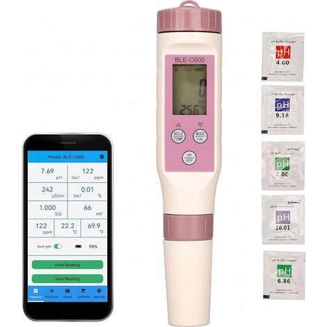 PH-mètre Numérique, 7 en 1 Bluetooth PH, TDS, EC, ORP, SG, Stylo Testeur de Salinité et de Température 0,01 Haute Précision pour la Consommation Domestique, la Culture Hydroponique (1/5)