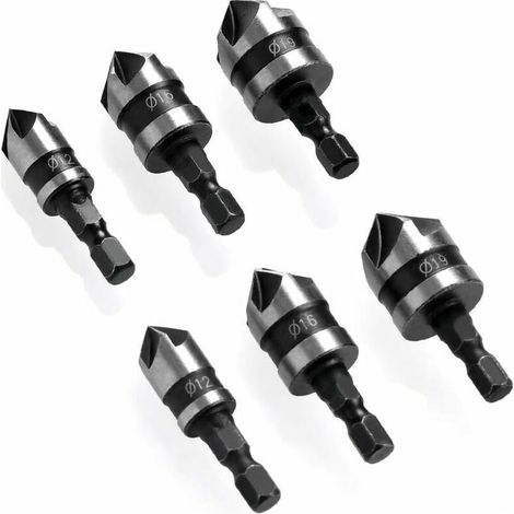 BRAVIX Chanfrein à poignée hexagonale 6 pièces, fraise fraisée à 90°, fraise fraisée Ø 6-19 mm, adaptée au métal, au bois (1/4)