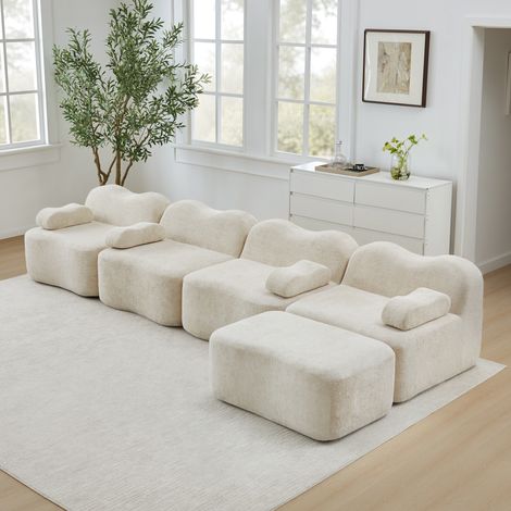Divano angolare modulabile 4 posti con ottomano, velluto beige, schiuma 32D, OKWISH (1/5)