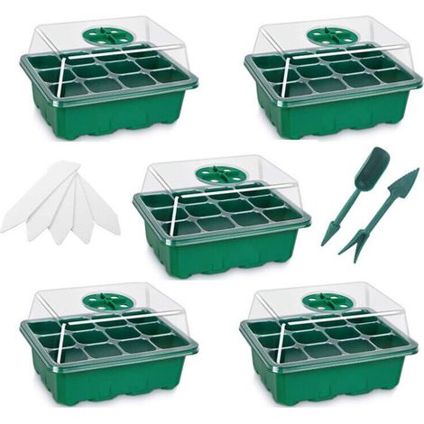 5 Pack Bac à Semis Vert Mini Plateau Semence Serre Potager pour Semis 12 Trous avec Outils de Plantation et Étiquettes de Plantes