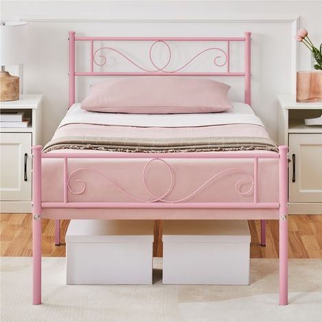 Yaheetech – Lit simple en métal 90 x 190 cm – Structure robuste – Garde au sol 32 cm pour rangement – Capacité 136 kg – Couleur rose moderne (1/5)