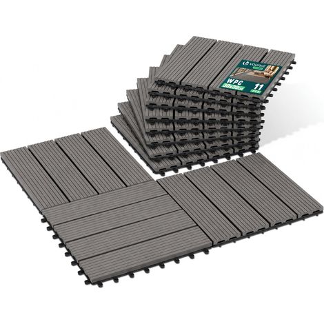 VOUNOT® Lot de 11 Dalles clipsables extérieur 30x30 cm - WPC - Caillebotis de terrasse antidérapant et drainant - Gris (1/5)