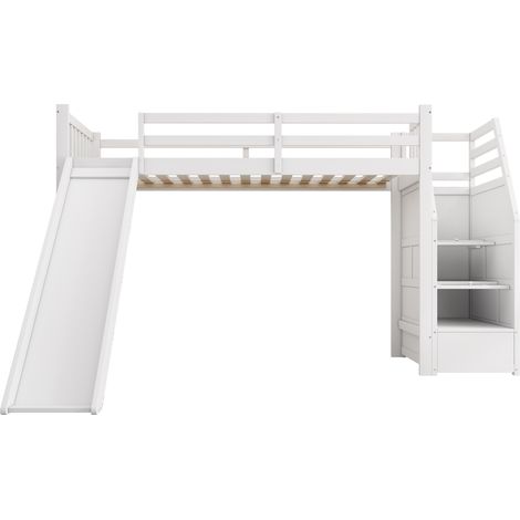 Lit mezzanine enfant 90 x 200 cm avec toboggan et escalier de rangement blanc (1/5)