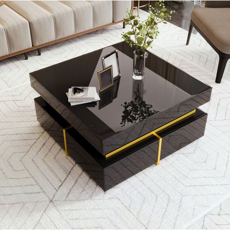 Table basse 70x70x35,5 cm noire brillante, 2 tiroirs, panneaux de bois et accents dorés MEUBLIV (1/5)