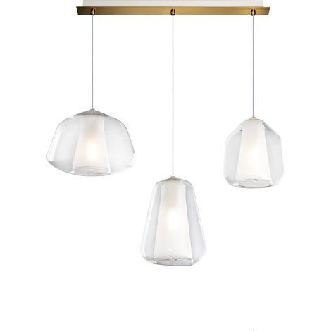 SOSPENSIONE OTTONE SAT. 3 LUCI RETTANGOLARE VETRI ALPHA + BETA + GAMMA TRASPARENTI 1176OS-S3 R ABG-TR