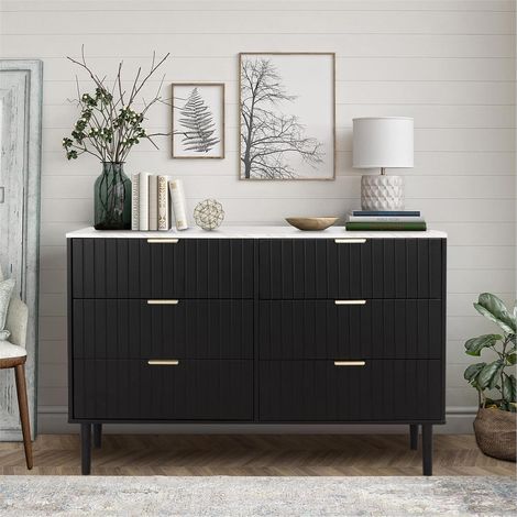 UEV Cassettiera Camera da Letto, Comò 6 Cassetti con Motivi a Marmo, Mobile in Legno, Credenza per Soggiorno, Corridoio, Scandinavia, 34P x 100l x 75H cm, Nero