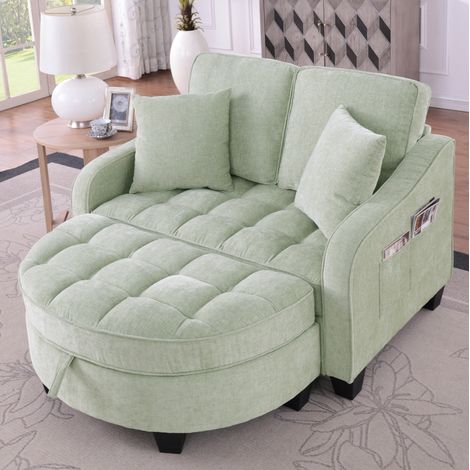 Divano letto multifunzione 132x129x93 cm, trasformabile in chaise longue, con pouf contenitore, in eucalipto, ciano (1/5)