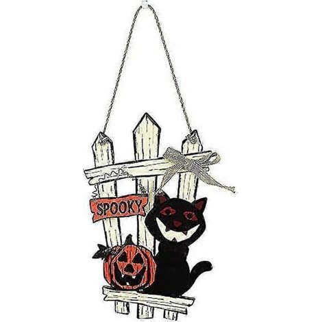 Décoration de porte Halloween 2025 : citrouille en bois, chat noir, panneau de bienvenue, guirlande, citrouille à suspendre, publicité pour une fête d'Halloween en intérieur ou extérieur. (1/4)