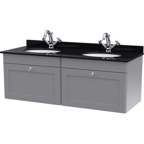 Nuie Classique Satin Grey 1200mm Wall Hung 2 Drawer Vanity Unit with Black Marble Countertop and 2 Round Basins with 2 Tap Holes - CLC294BR2 (1/2)