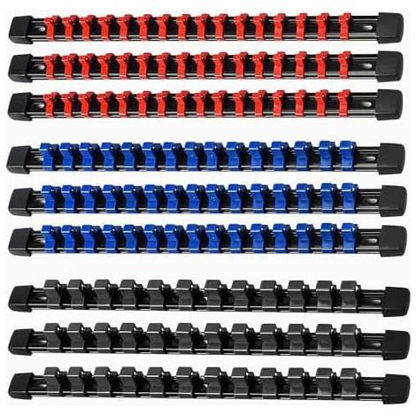 Lot de 9 Rails Rangement pour Douilles 1/2" (12,7 mm), 3/8" (10 1/4" (6,3 mm) 129 Clips Organisateur Garage et Atelier - 9Pcs (1/4" & 1/2") (1/5)