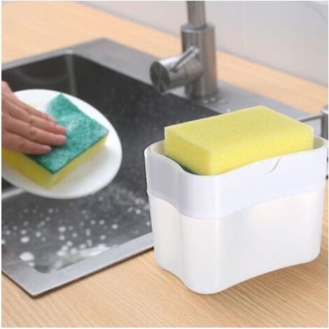 Distributeur de Savon à Vaisselle - Distributeur de Liquide Vaisselle 2 en 1 pour Cuisine - Organisateur de comptoir de Distributeur de Savon à Vaisselle pour évier de Cuisine (Blanc) (1/3)