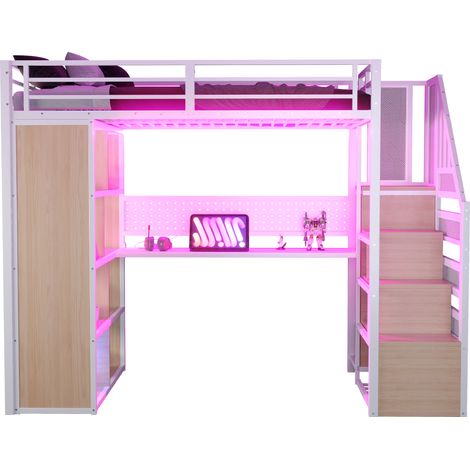 Hochbett 90 x 200 Cm Mit Stauraumtreppe, Kleiderschrank, Schreibtisch, Regalen Und LED, Ohne Matratze, Aus Holz Und Metall, Weiß (1/5)