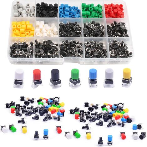 375 Pièce Interrupteurs à bouton-poussoir tactiles,Boutons poussoirs tactiles Micro à 4 broches,bouton-poussoir momentanés(6mmx6mm) avec 7 types Couleur Push Button Capuchons (1/5)