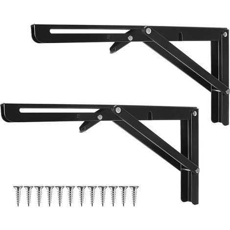 Équerre Étagère Pliante 400 mm, 2 Pièces Support Console Pliable en Métal avec Vis de Fixation, Équerre Rabattable Murale pour Cuisine Salon Garage Charge Max 200 kg Noir (1/5)