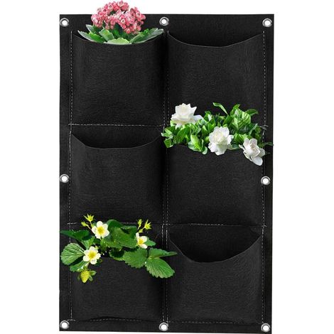 Sac à Plantes Mural Suspendu, 6Poches Sacs de Plantation Verticaux en Feutre, Sacs de Culture Muraux Poche à Fleurs de Jardin pour Fraise Extérieur Maison Décoration (Noir) (1/4)