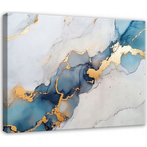Peinture abstraite marbre bleu or chambre salon sur toile 120x80 (1/3)
