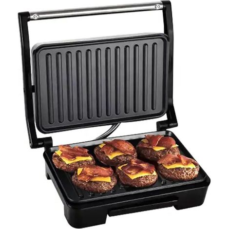 Appareil à panini portable, grill et presse-sandwich, jusqu'à 6 tranches, 850 W, double face chauffante, revêtement antiadhésif, acier inoxydable de qualité alimentaire, poignée isolante, idéal pour l (1/2)
