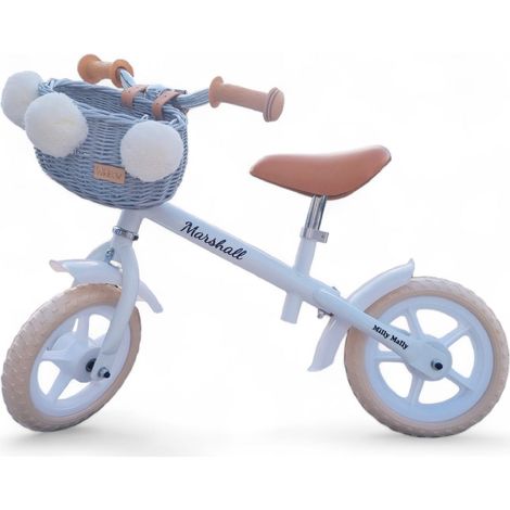 Cestino in vimini per bici senza pedali, grigio, con cinghie Dumpy MINI e pompon. (1/5)