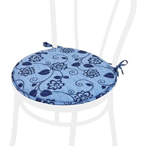 Cuscino Sedia Rotondo Morbido Lavabile Laccetti Fissaggio Fiori Vettoriali 100% Made In Italy - Blu
