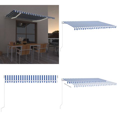 Auvent manuel rétractable avec LED 400x300 cm Bleu et blanc - Auvent Pliable - Store Extérieur - Parasol - Abri Soleil - Protection Uv - Home & Living (1/5)