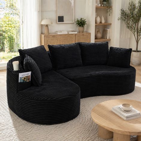 Canapé Incurvé en Velours Côtelé 250 cm avec Porte-Gobelets et Poches Latérales, Canapé Arrondi Moderne pour Salon, Mousse Haute Densité, Noir (1/5)