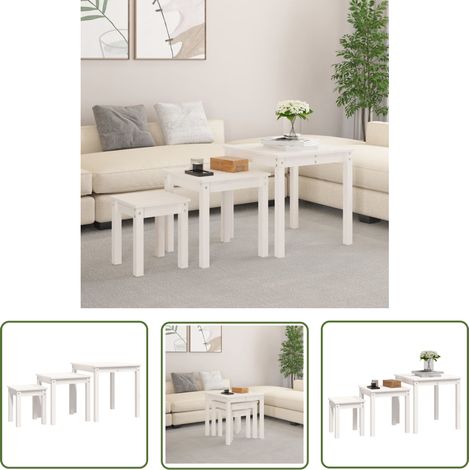 The Living Store Satztische 3 Stk. Weiß Massivholz Kiefer - Holztisch - Kiefernholzmöbel - Couchtisch - Nighstand - Wohnzimmermöbel (1/5)