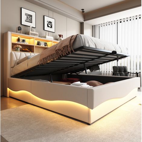 DESVIAE Lit coffre multifonction 180 x 200 cm avec LED intelligente USB rangement hydraulique structure métal beige (1/4)