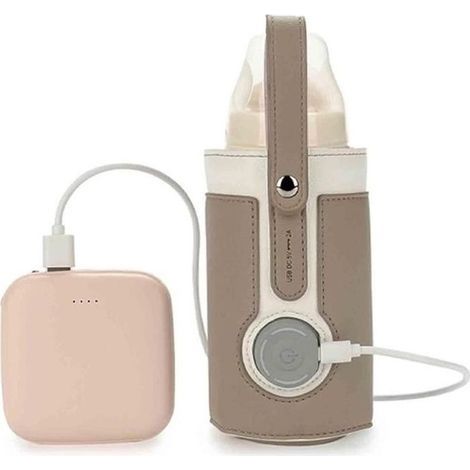 (Braun) Tragbare USB-Babyflaschenwärmertasche aus Leder mit 3 einstellbaren Temperaturstufen und Thermostat für Babymilchwärmer zu Hause/im Auto – Braun (1/4)