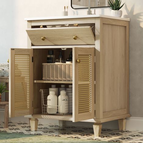 Modernluxe - Meuble de salle de bain 61 cm avec vasque en céramique - 1 tiroir abattant et 2 portes en rotin - étagères réglables - Naturel (1/5)
