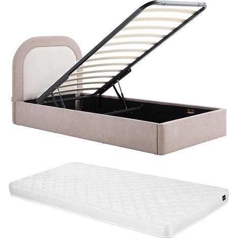 Lit coffre 90 x 190 cm – Tissu – Taupe et Beige + Matelas - IDONO (1/5)