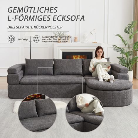 Canapé d'angle en forme de L avec méridienne gris anthracite, moderne en tissu chenille à accoudoirs étagés, confortable sofa 3 places rembourré pour salon, bureau et appartement. (1/5)