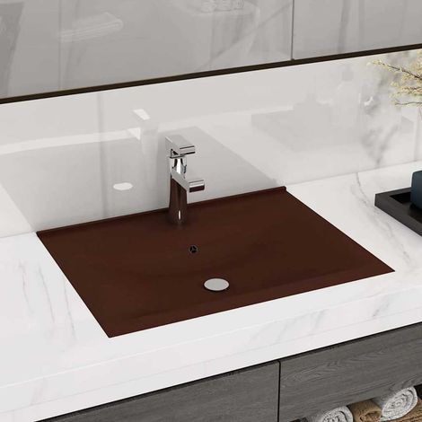 Vasque à poser Lavabo à poser avec trou de robinet pour salle de bain - Marron foncé mat 60x46 cm Céramique BV771184 - BonneVie (1/5)