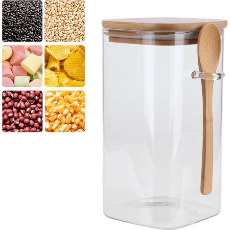 Bocal de rangement carré avec couvercle à cuillère, récipient à épices, bouteille à café pour la cuisine, 1200 ml (1/5)