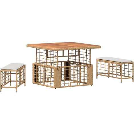 Conjunto de Comedor de Jardín con cojín 3 pcs Natural y vidaXL
