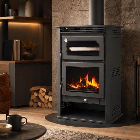 Horno de leña Muspel Hela 14 kW  Doble combustión, cristal SCHOTT ROBAX, vermiculita y calefacción eficiente (1/5)