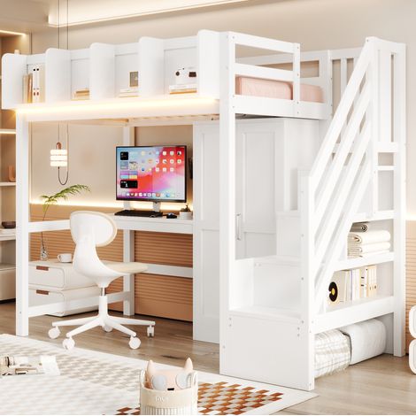 Cama alta multifuncional 90 x 200 cm blanca con escritorio, armario y LED (1/5)