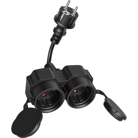 Répartiteur de prises 2 Prises pour l'extérieur avec Coque de Protection en Caoutchouc, Double fiche pour Usage intérieur/extérieur, étanche IP44 Multiprise Extérieure (1/5)