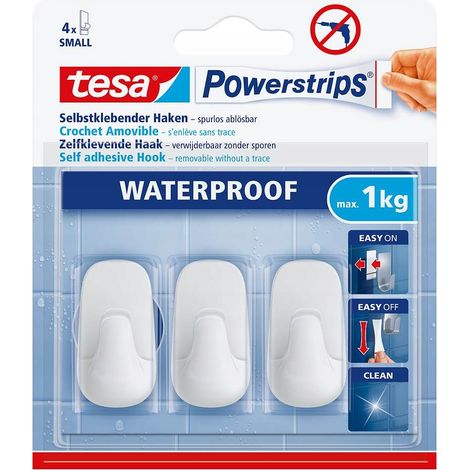 Ganchos TESA para colgar, impermeables, autoadhesivos, pequeños, hasta 1 kg, blancos, 3 unidades. (1/5)