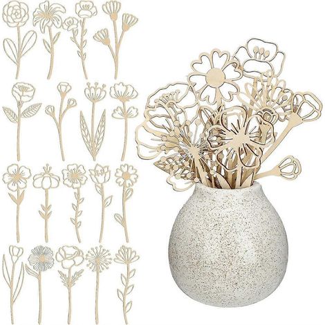 Ensemble de 36 décorations en bois représentant des fleurs sauvages : fleurs découpées, tiges, etc. Idéal pour la maison, les anniversaires et les fêtes. Décoration à faire soi-même. (1/5)