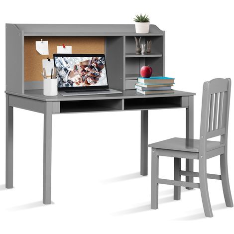 Bureau pour Enfant avec Chaise, Plateau, Tiroirs, Étagères, Tableau d'Affichage en Liège, Station de Bureau pour Chambre, Bureau, Salon, Gris (1/5)