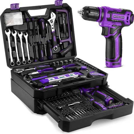 Caisse à Outil Complète: Boite à Outils 238 Pièces avec Perceuse Visseuse Sans Fil 12V - Boite à Outils avec Scie, Pince, Établi Portable et Rangeoutils pour Réparation, Violet (1/5)