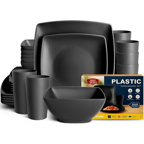 Service de table carré réutilisable en plastique 24 pièces pour 6 personnes, ensemble complet pour les repas et les boissons, noir, sans BPA (1/5)