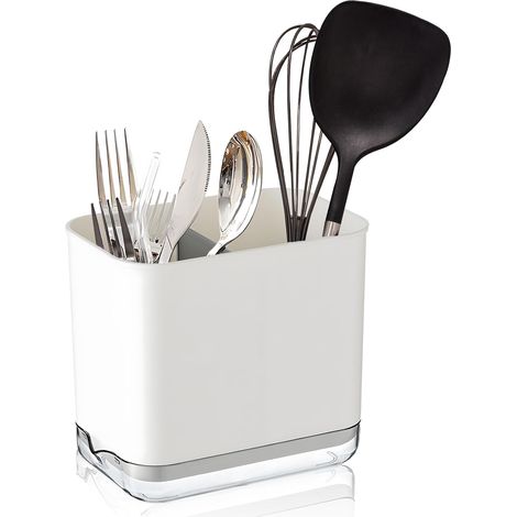 1 - Égouttoir à Baguettes - Porte-ustensiles - Compartiments de Rangement pour Couverts - Bac de Drainage Intégré - Pour Cuisine et Salle à Manger - Blanc - 20x12x10cm