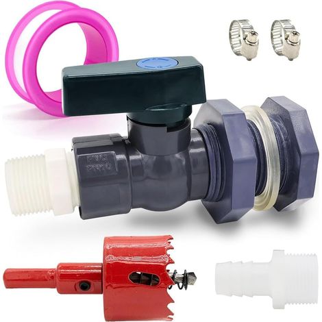 Ensemble de robinets de récupération d'eau en PVC avec raccord à vis et adaptateur de tuyau pour aquariums, piscines et tonneaux de jardin (1/5)
