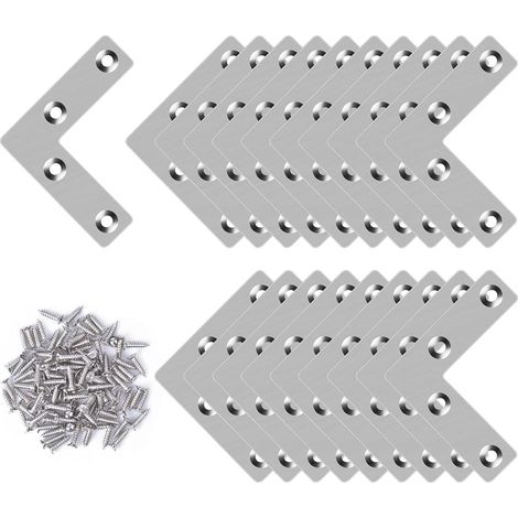 Sollbry 20 Pièces Équerres Plates Angle en L,Équerres D'angle en Acier Inoxydable,Équerre Angle En Forme De L avec 80 Vis pour Bois Meubles Placard Réparation Support,50 50 mm (1/5)