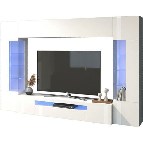 Dmora - Pared Equipada Dberard, Conjunto de salón Mueble de TV con 6 puertas, Mueble de salón polivalente con luz LED, 100% Made in Italy, cm 290x40h191, Blanco brillante