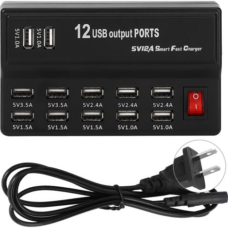 Chargeur Rapide 12 Ports USB pour Téléphone - Bloc Multiprise Secteur 100-240V (Prise US) (1/5)