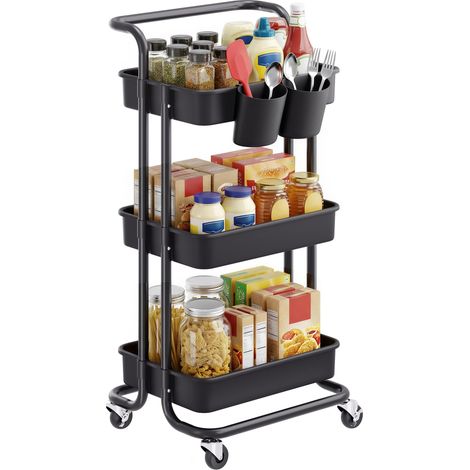 Chariot Roulant, Panier de Rangement à 3 Niveaux, avec poignée, 2 Petits organisateurs, Cadre en Acier, paniers en Plastique, pour Chambre, buanderie, Salle de Bain, Noir BSC067B01 (1/5)