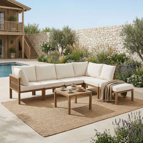 Ensemble mobilier jardin table chaise canapé d'angle modulable lit inclinable beige bois 240x180x84cm